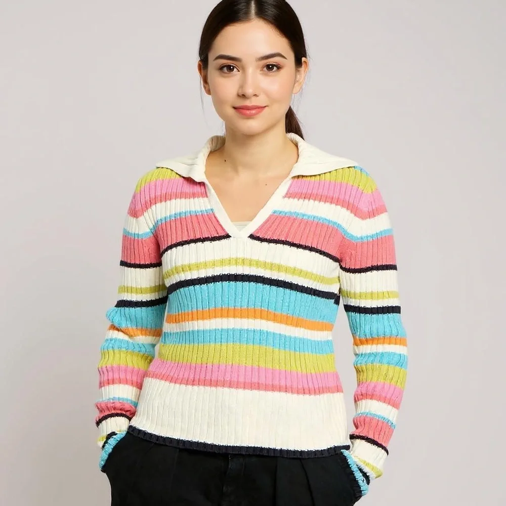 Tommy Hilfiger Stripped V Neck Collard Cozy Sweater Women Size Medium - Picture 3 of 12